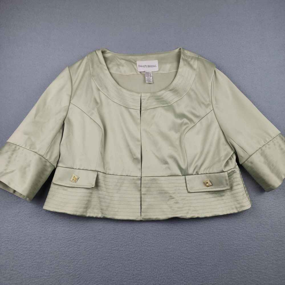David's Bridal Jacket Womens 16 Green Satin 3/4 Sleeve Cropped Bolero Wedding